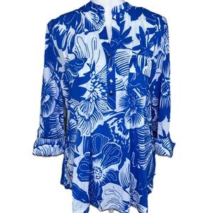 Plus Size Ava & Grace Royal Blue and White Tropical Leaf Floral Tunic 3/4 Sleeve